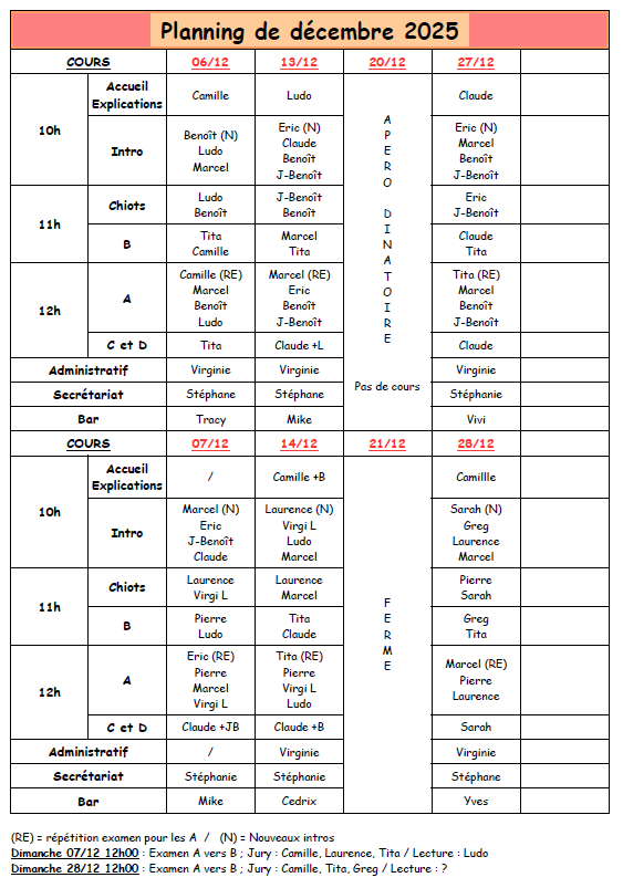 Planning decembre 2025